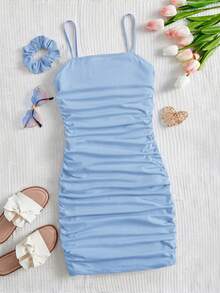 SHEIN 1pc Teen Girl Ruched Snug Fit Cami Dress With 1 Hair Scrunchie - Baby Blue - View 7