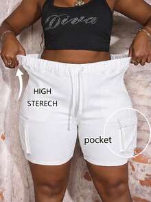 Slaydiva Plus Size High Waist Skinny Sexy Cargo Denim Shorts - White - View 1