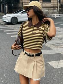 Coolane 女士春季街头风外出返校大学生穿搭学院风复古返校节Y2K日常休闲老钱风弹力舒适酒红色蓝条纹短款POLO衫 - 黃色 - 查看 2