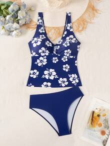 SHEIN Swim 女款花卉印花休閒坦基尼泳裝套裝，適合海邊度假 - 藍色 - 查看 3