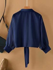 GlowEve CURVE Plus Size Casual Versatile Commuter Solid Color Shirt With Drawstring Blouse For Women Blouse For Women Casual Elegant - Navy Blue - View 2