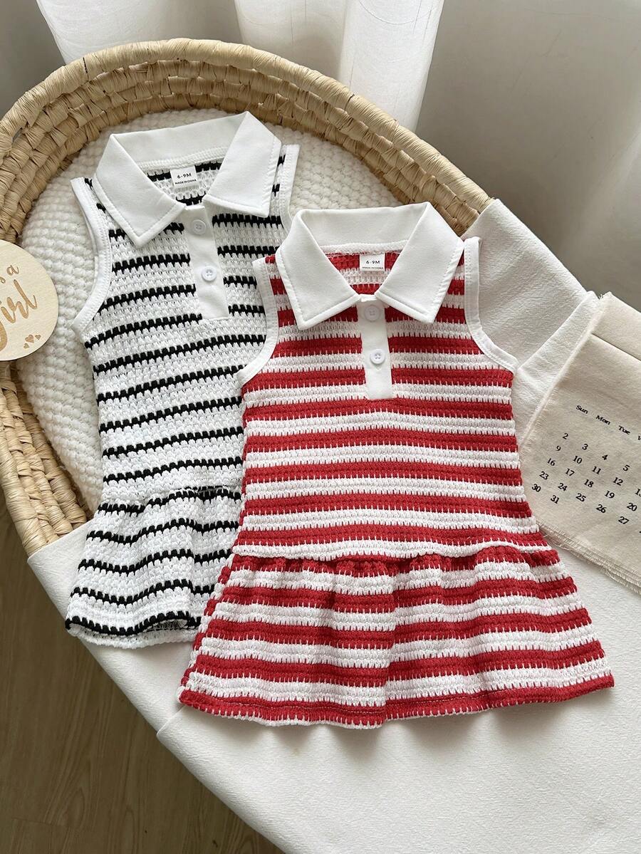 SHEIN Vintaside Kids 2件装女婴翻领无袖针织连衣裙，荷叶边下摆，红白条纹可爱休闲连衣裙，适合夏季日常穿着、居家或旅行