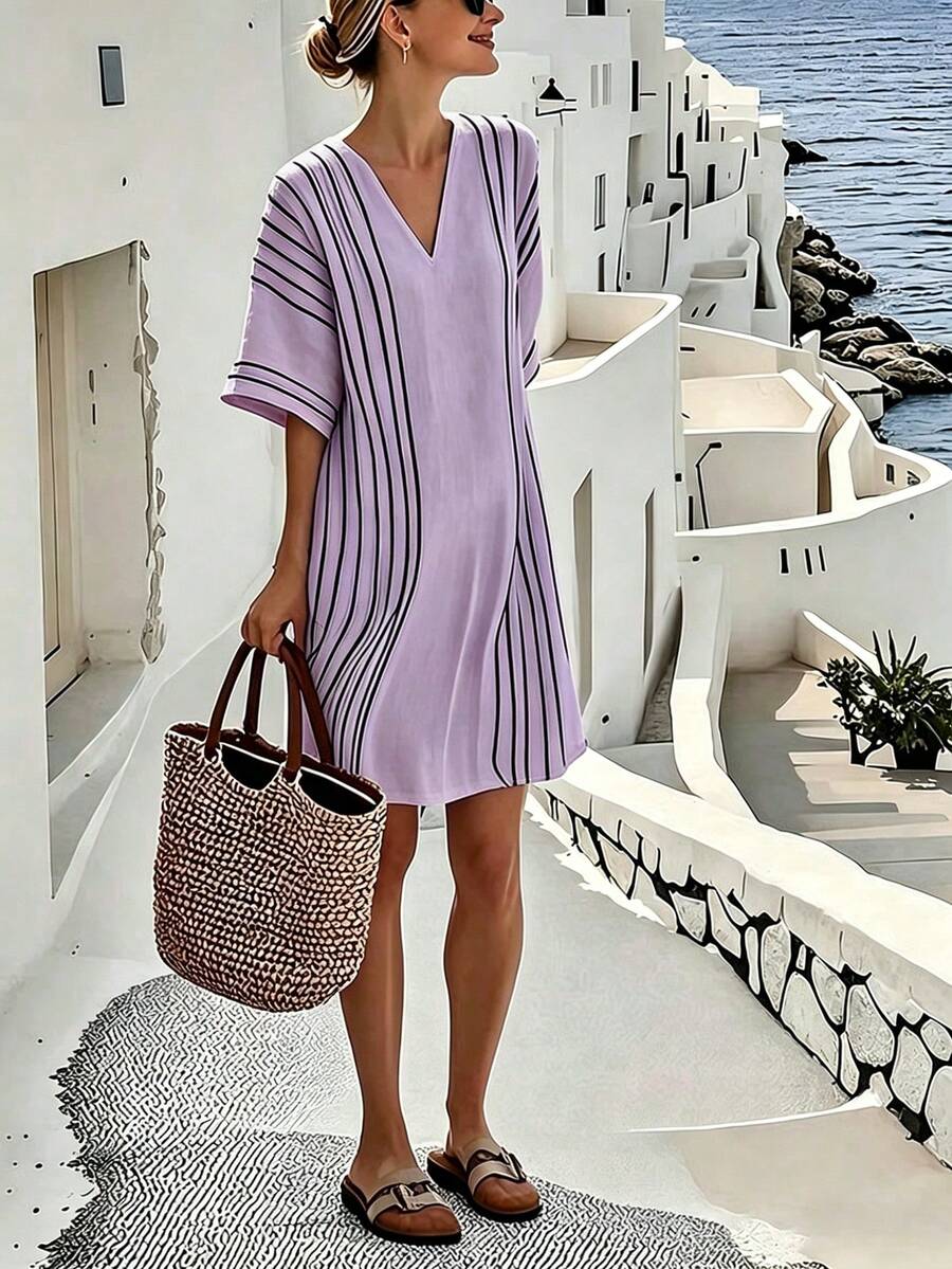 SHEIN Holidaya 女士条纹V领宽松休闲短袖连衣裙 - 淡紫色 - 查看 1