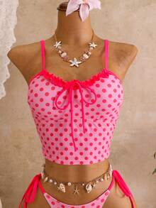 Bellisia Bộ bikini nữ mùa xuân/hè in kỹ thuật số, không gọng, viền hoa, gồm áo hai dây và quần bơi buộc dây bên hông, thích hợp cho đi biển, nghỉ mát, phong cách thường ngày. - Màu Hồng  Dưa hấu - Xem 5