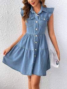 SHEIN Frenchy 女款輕量牛仔帽袖洋裝，適合秋季，休閒復古 70 年代 90 年代風，時尚舒適，淺藍色牛仔度假旅行穿搭 - 中等水洗藍 - 查看 3