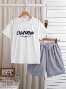 SHEIN 男童夏季休闲字母印花短袖T恤和短裤两件套家居睡衣套装 - 白色 - 查看 3