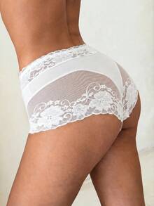 Aloruh 1pc Women Simple Solid Color Lace Patchwork Briefs Bridallingerie - White - View 5