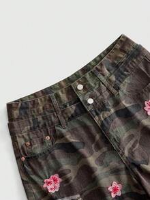ROMWE MEN Men's Floral Embroidery Pattern Loose Fit Denim Shorts With Wide Waistband - Multicolor - View 7