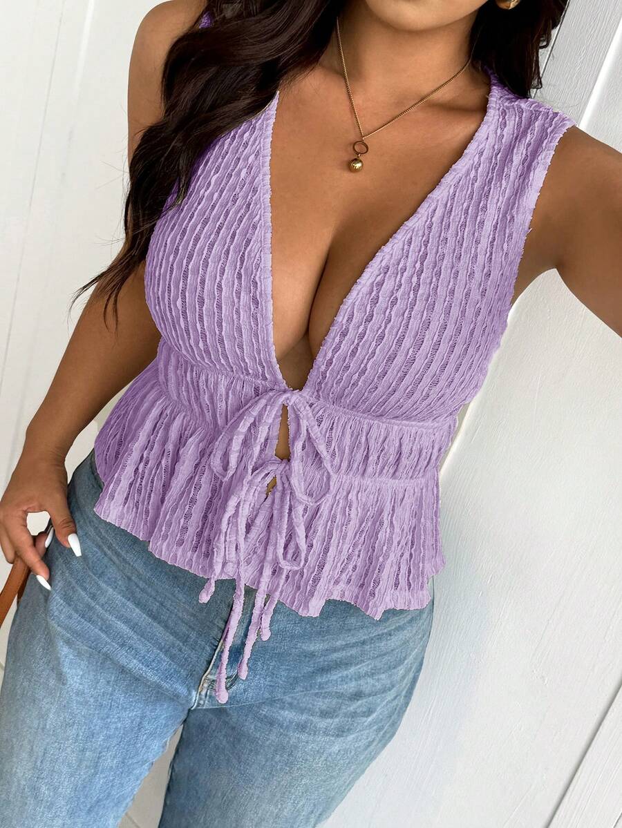 Lounesse Plus Size Solid Color V-Neck Tie Strap Ruffle Hem Summer Tank Top - Purple - View 1