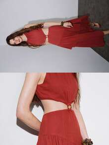 MOTF PREMIUM VESTIDO DE LINO CON CINTURA CALADA, ESTILO VACACIONAL, PRIMAVERA/VERANO - Color caoba - Ver 7