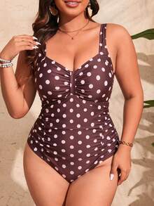 Swim Mod Plus Size Polka Dot Print Ruched Bust One-Piece Swimsuit - Coffee Brown - View 1