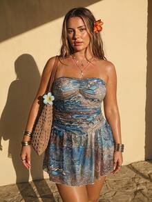 SHEIN ICON 大尺碼女款波西米亞度假風性感對比色印花抹胸迷你洋裝，夏季波希米亞風 - 彩色 - 查看 2