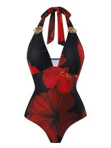 Swim Oasis 2026 New Plus Size Black,Summer,Boho,Beach,Holiday Swimsuit Set,Red Printed Halter V-Neck Strap With Metal Decor,Mesh Overlay Skirt Set - Multicolor - View 4