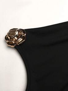 SHEIN Girlism 少女优雅通勤修身无袖不对称领口金属扣装饰褶皱中长黑色连衣裙 - 黑色 - 查看 5