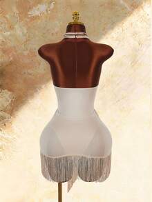 Amplova Vestido mini de cuello alto retro para mujer - Caqui - Ver 3