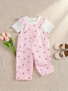 SHEIN 2 pezzi Outfit casual e alla moda per bambine, stile coreano minimalista, include: Maglietta a girocollo a costine bianca a maniche corte + Pantaloni salopette con stampa a farfalla a righe rosa in tessuto tessuto, adatto per uscite quotidiane estive, scuola, shopping, viaggi, picnic, parchi divertimento e altre occasioni - Rosa - Visualizzare 5