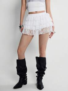 Rina Fox Minissaia branca de renda feminina para primavera/verão, estilo retrô Y2K, charmosa e sexy, ideal para encontros, festivais de música, moda urbana casual e férias na praia. - Branco - Ver 1