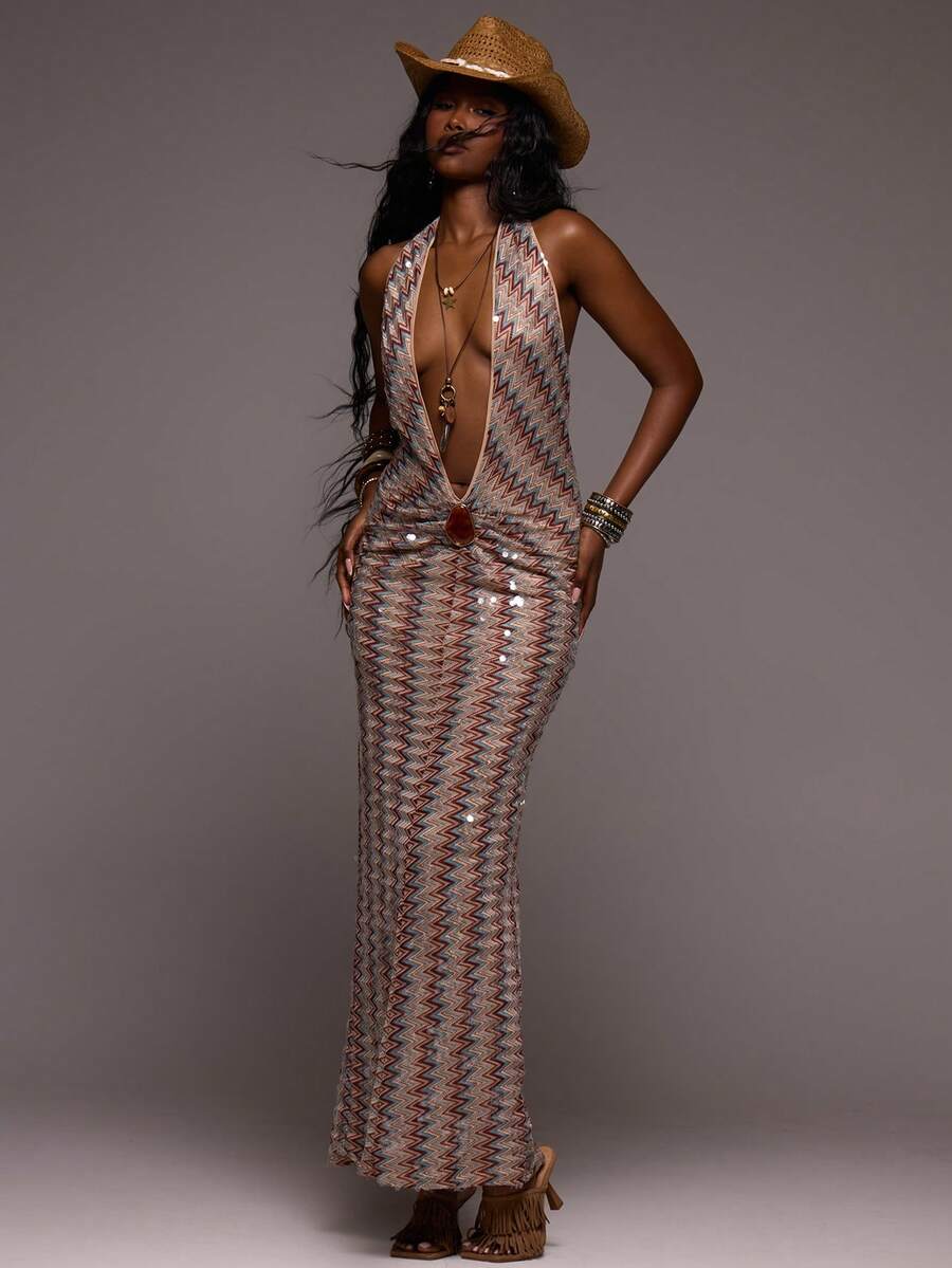 MUSERA Zig-Zag Sequin Cut Out Halterneck Maxi Dress Summer Vacation Holiday Festival Rave Party Ibiza Beach Beachclub Resort Wear Trinket Light Beige Boho - Multicolor - View 1
