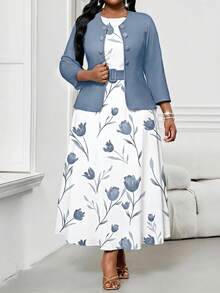 SHEIN Lady Đầm công sở màu tím và trắng thanh lịch, kín đáo, cỡ lớn, cổ tròn, kiểu dáng sang trọng dành cho nữ. - Xanh và trắng - Xem 6