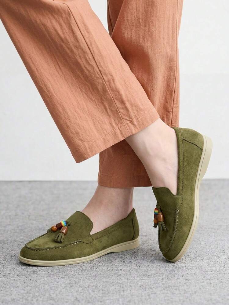 CUCCOO BIZCHIC Fashion Army Green Suede Retro Beads Comfortable Commuting Women's Flat-Soled Loafers Women's Flat-Soled Shoes Suitable For Outdoor Vacation Shopping To Work Daily Versatile Flat-Soled Women's Shoes