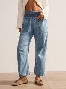 Bohemela Plus Size Women Casual Solid Color Drawstring Waist Pants - Blue - View 6