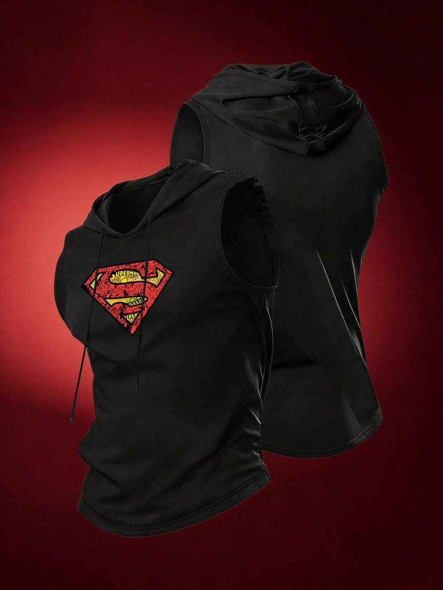 SUPERMAN X SHEIN RISE LYT Men's Graphic Print Hooded Sleeveless Casual Sports Tank Top, Summer, Gym, Holiday - Black - View 1