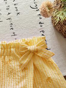 LMoss Kids Young Girl Bow & Striped Print Wrap Casual Shorts For Summer - Yellow - View 3