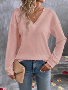 EMERY ROSE Camiseta de manga larga de unicolor casual para mujer, otoño - Rosa Pálido - Ver 3