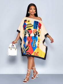 SOLERSUN Plus Size Women Beige Summer Boho Vacation Holiday Dress,Elegant Slanted Asymmetrical Off Shoulder Mid Length,Abstract Geometric Print,Wedding Guest - Apricot - View 5