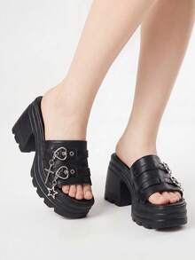 ROMWE Grunge Punk 2024 Summer Garbage Punk Outdoor Casual New Gothic Style Cross-Strap And Chain Detail Thick Bottom Slippers With Wedge Heels Valentines,Travel Essential - Black - View 1