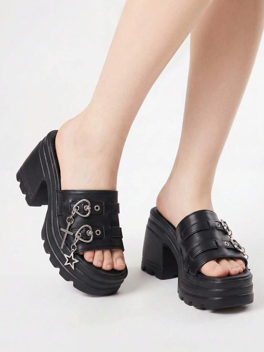 ROMWE Grunge Punk 2024 Summer Garbage Punk Outdoor Casual New Gothic Style Cross-Strap And Chain Detail Thick Bottom Slippers With Wedge Heels Valentines,Travel Essential - Black - View 1