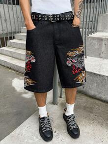 GALLERY FADE Men's Casual Street Style Embroidered Black Denim Shorts - Black - View 7