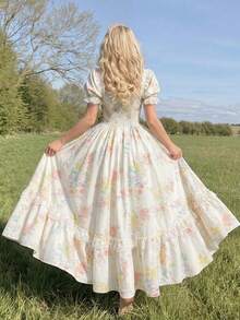 Skyraze Ivory Pastel Floral Puff‑Sleeve Corset Maxi Dress With Lace Trim - Square/Sweetheart Neck Bodice, Boned Waist & Full Gathered Skirt, Romantic Vintage‑Inspired Wedding Guest & Garden Party Gown - Multicolor - View 4
