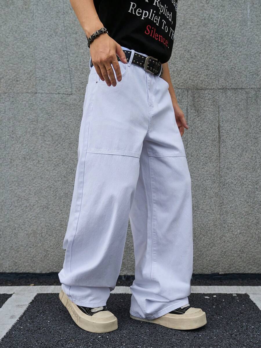Manfinity EMRG Men's Casual Everyday Commute Solid Color Loose Fit Wide Leg Jeans With Side Pockets, Belt Not Included - White - View 1