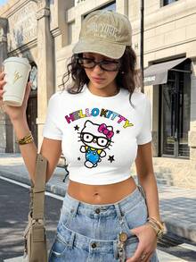 HELLO KITTY AND FRIENDS | SHEIN 女款卡通圖案字母印花圓領短袖修身T恤 - 白色 - 查看 7
