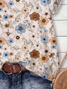 EMERY ROSE Blusa de mujer con mangas con volantes, estampado floral en todo el diseño, diseño elegante, apto para uso diario - Multicolor - Ver 3