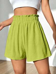 Flirla Women's Summer Casual Solid Color Ruffle Waist Shorts - Green - View 5