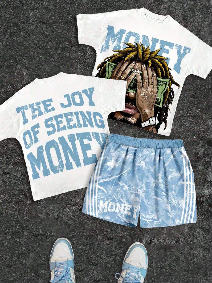 2pcs Tween Boy White Summmer Streetwear City Break Hip Hop Graphic T-Shirt And Shorts Set,Round Neck Short Sleeve Casual Outfits For Kids Daily Wear - Multicolor - View 1