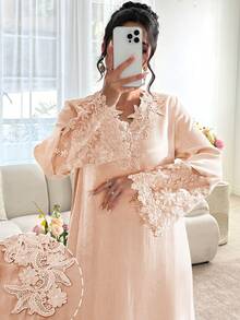 Najma V-Neck Floral Embroidery Long Sleeve Patchwork Ruffle Hem Maxi Dress Turkish And Arabic Traditional Style - Pink - View 4