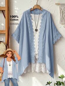 Rusticease Plus Size Women Spring Casual Vacation Solid BlueLace Patchwork Kimono Thin Jacket,Summer - Blue - View 1