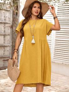 EMERY ROSE Vestido casual de verano versátil, de talla grande, de unicolor, cuello redondo, manga corta, plisado y holgado - Amarillo - Ver 4