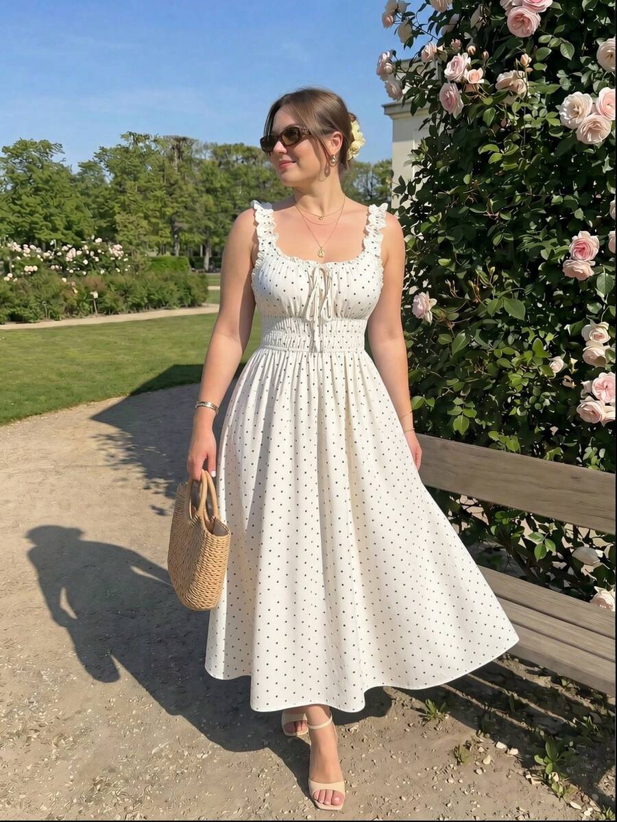 SHEIN MOD Đầm chấm bi xếp ly thắt nơ cỡ lớn dành cho nữ, Trang phục đầm thanh lịch cho nữ, Đầm gợi cảm dự tiệc, Đầm dạ hội cho nữ, Trang phục đi nghỉ mát cho nữ, Đầm hoa cho nữ, Đầm mùa hè, Đầm chấm bi mùa xuân, Đầm hẹn hò, Phong cách dự tiệc, Đầm chấm bi trắng, Đầm cô gái nông thôn, Đầm chấm bi cổ điển, Đầm dã ngoại