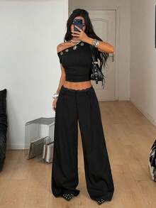 Pantalones de mujer negros tejidos para ir al trabajo con encaje y pliegues en contraste - Negro 2 - Ver 5