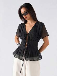 SHEIN EZwear 大码纯色系带领褶皱休闲日常短袖衬衫，春夏款 - 黑色 - 查看 3