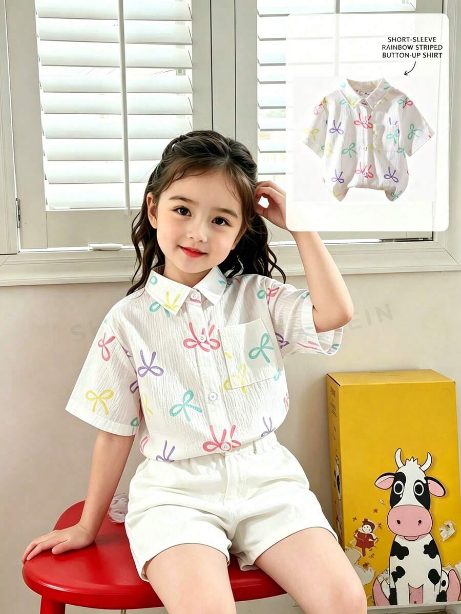 SHEIN Playful Pals 这款俏皮可爱的女童印花蝴蝶结基础款白色短袖衬衫,采用柔软的纹理面料,纽扣开襟设计,适合返校、假期、夏季、旅行、派对、春夏季节、野餐、度假等场合穿着,也可作为外出、日常穿着、运动、派对、生日礼物、毕业典礼等场合的礼物,尽显优雅气质。 - 白色 - 查看 1