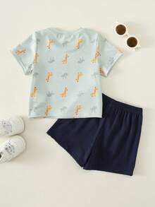 SHEIN 2pcs Baby Boy Casual Simple T-Shirt Set Suitable For Summer, Classic Cute Hand-Drawn Fairy Tale Animal World Pattern Print, Giraffe Pattern Print - Multicolor - View 2