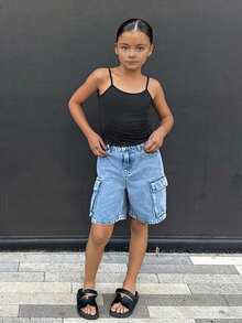 Dazy Kids Áo tank top hai dây màu trơn cỡ lớn dành cho bé gái - màu đen - Xem 6