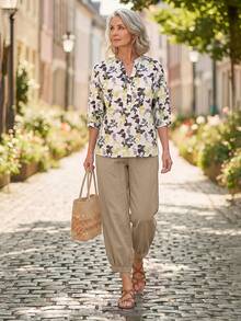 EMERY ROSE Middle-Aged & Elderly Women's Floral Print Shirt And Solid Color Pants Set - Multicolor - View 7