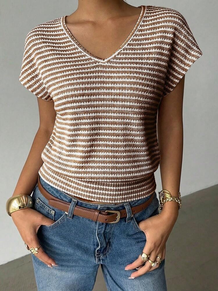 Siren Gaze Women's Casual Black And White Stripe V-Neck Batwing