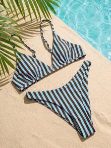 Swim Mod 2pcs/Set Women's Beach Outfit,Blue Striped Summer Tropical Holiday Vacation Fashion Cute Pool Party Adjustable Triangle Bikini Coastal - Multicolor - View 4